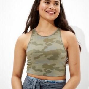 American Eagle Green Camo Cotton Blend Crop Tank Top